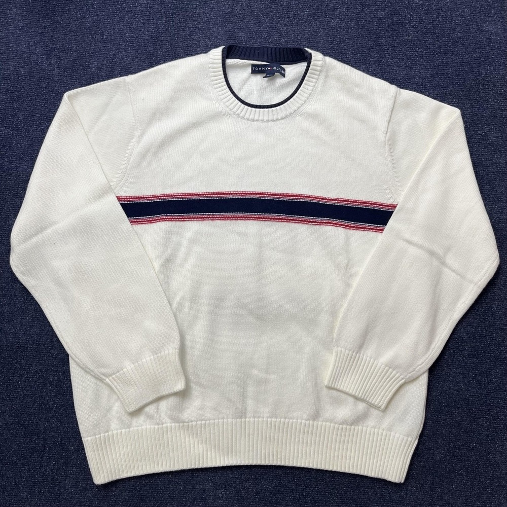Vintage Y2K Tommy Hilfiger Sweater Mens XL White Striped Cotton Crewneck Knit